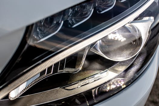 Detailed view of a modern car headlight showcasing LED high performance lighting.