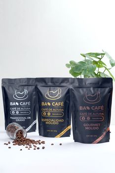 Three types of premium coffee with beans and a decorative plant on a white background.