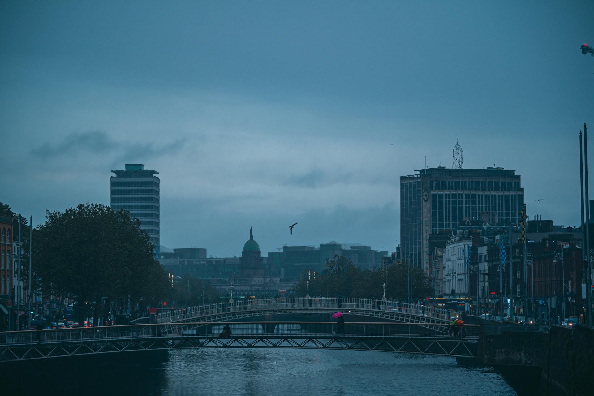 Moody Dublin cityscape showcasing Ha'penny Bridge over the Liffey River at dusk with an overcast sky.