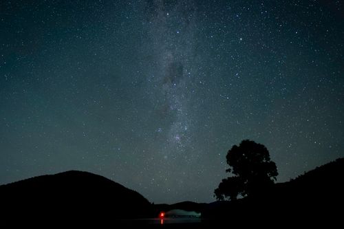 Free Clear night sky with visible Milky Way over Somerset Dam, QLD, Australia with silhouetted trees. Stock Photo