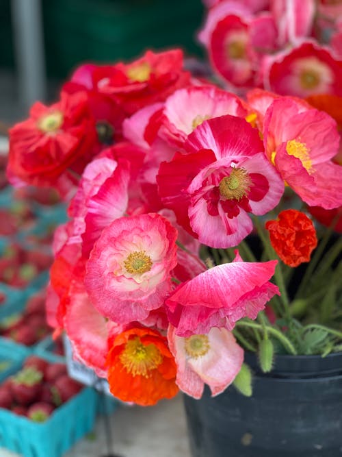 A flower stand with red and pink flowers in it