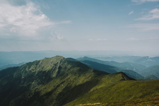 A breathtaking aerial view of the lush Carpathian Mountains in Zakarpattia, Ukraine.