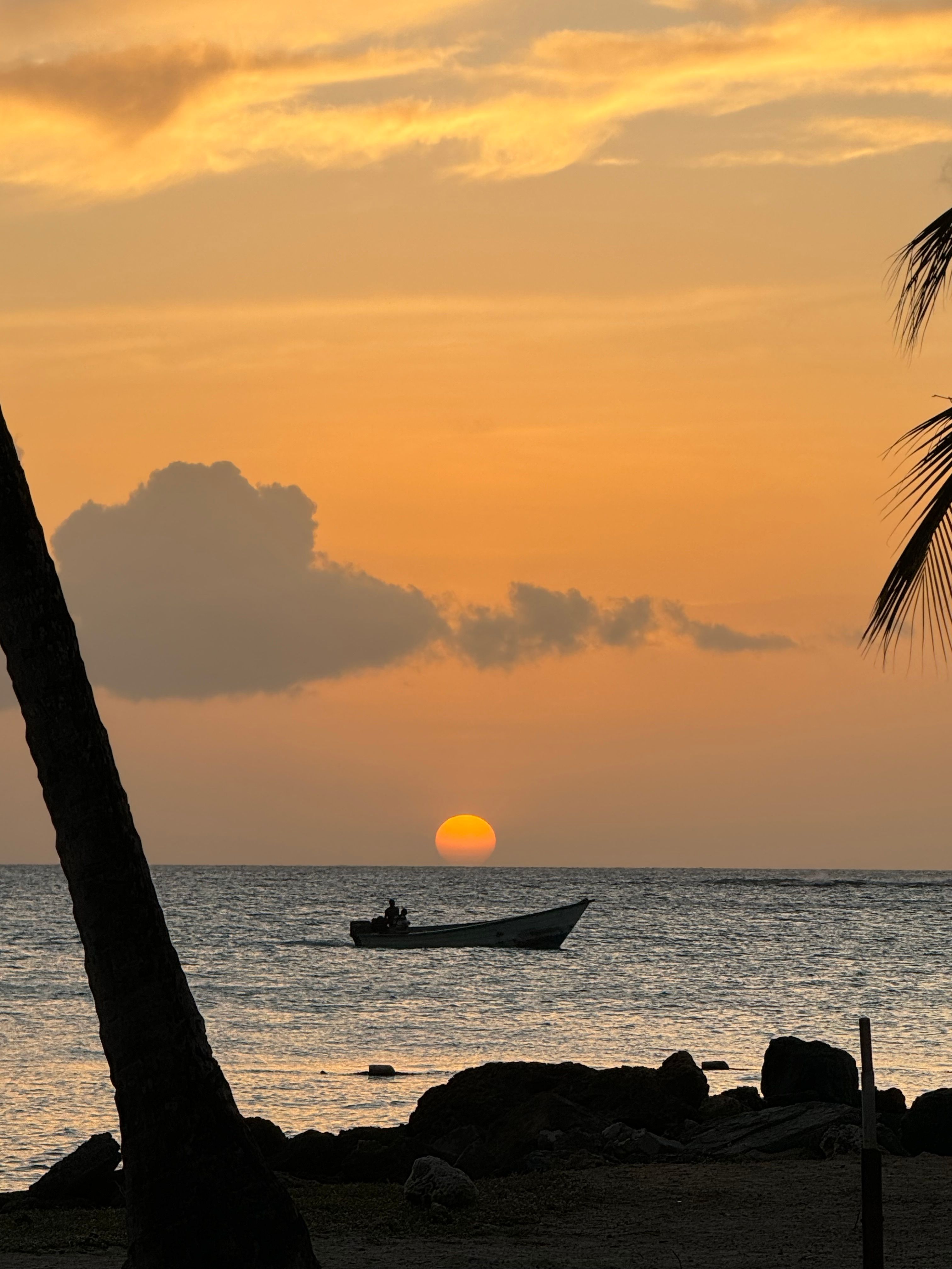 A serene sunset at sea with a silhouetted boat and palm trees in Port of Spain.