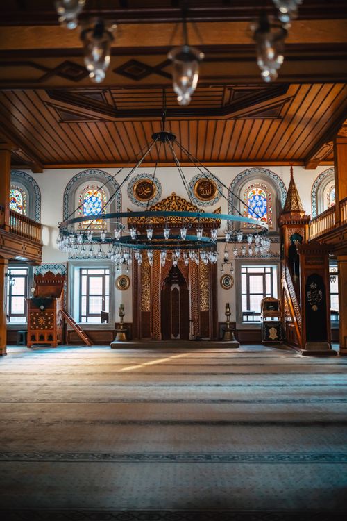 Free Elegant interior of Serbostani Mustafa Aga Mosque with chandelier and intricate mosaics in Turkey. Stock Photo