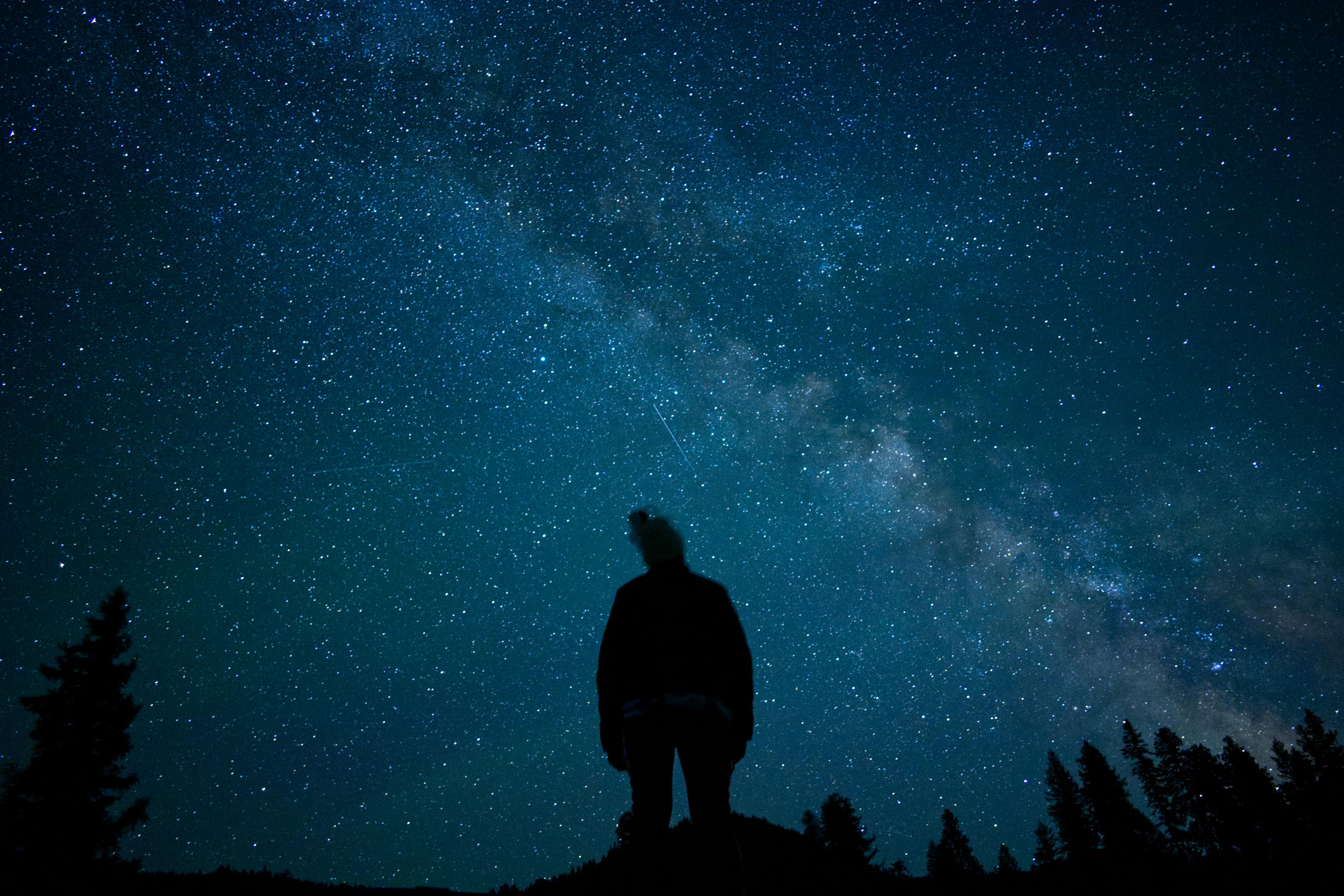 A silhouette of a person gazing at the Milky Way in a night sky over Naples, Idaho.