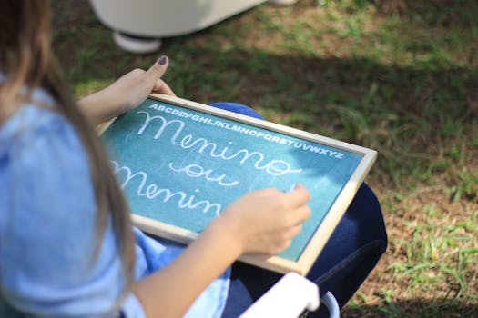 Girl writing a word on mini chalk board