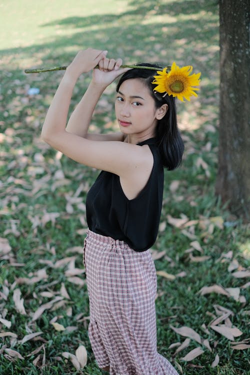 Foto Der Frau, Die Sonnenblume Hält
