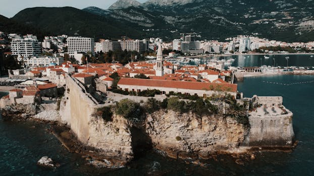 Stunning aerial view of Budva's Old Town and fortress on Montenegro's Adriatic coast.