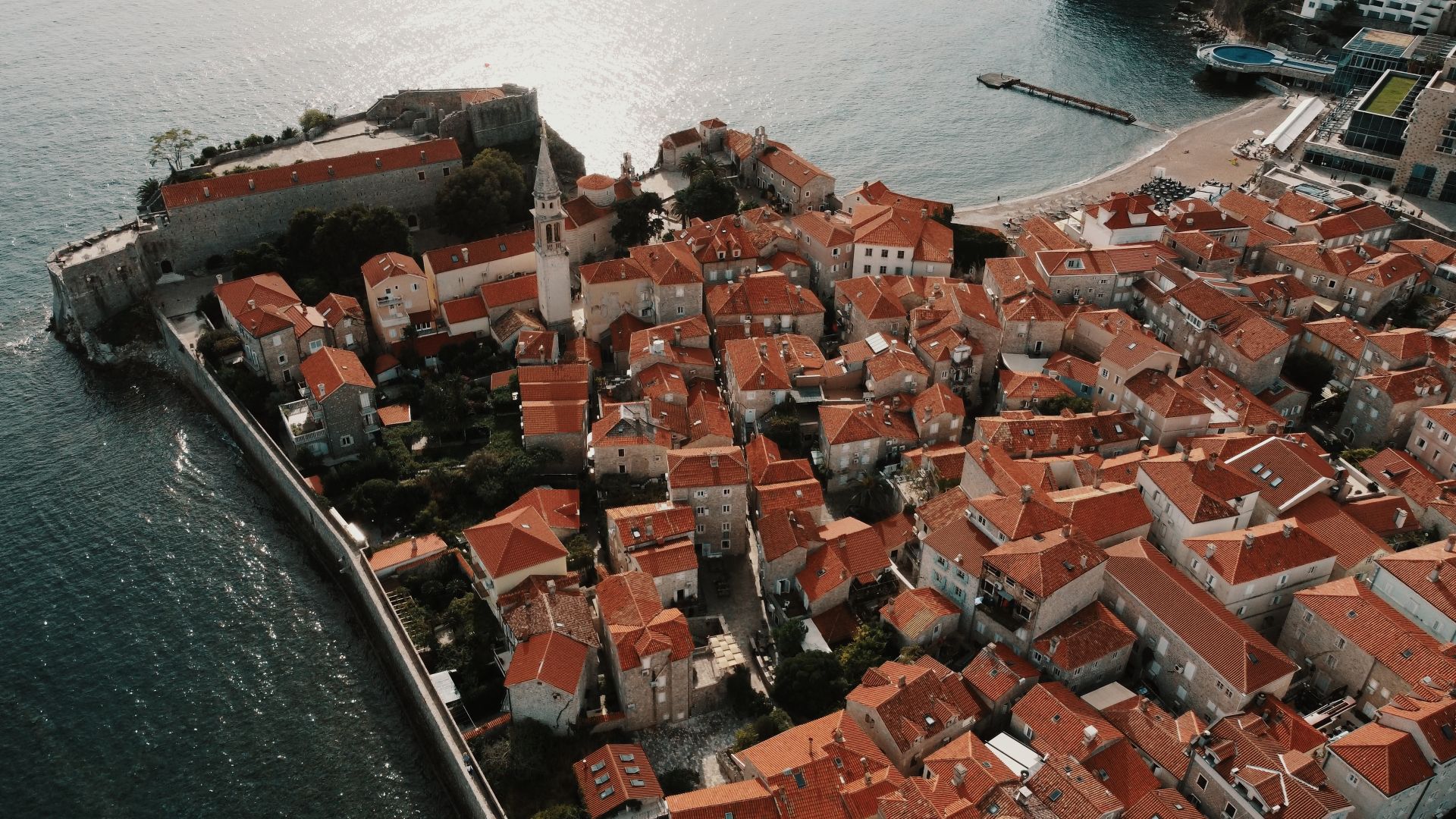 Aerial view of Budva with the Citadel and the Church of Saint John the Baptist