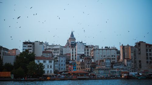 Free Stunning view of Galata Tower and birds over Istanbul's waterfront at dusk. Stock Photo