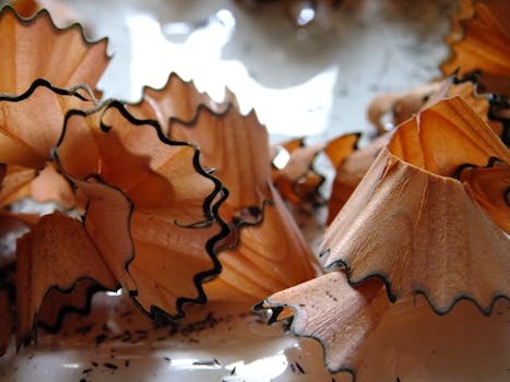 Detailed macro shot of intricately curled wooden pencil shavings with natural texture.