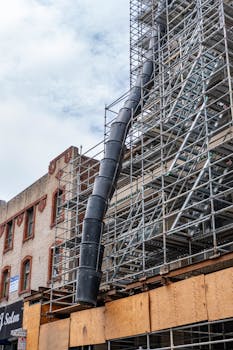 View of a building under construction with scaffolding and waste chutes in a city setting.