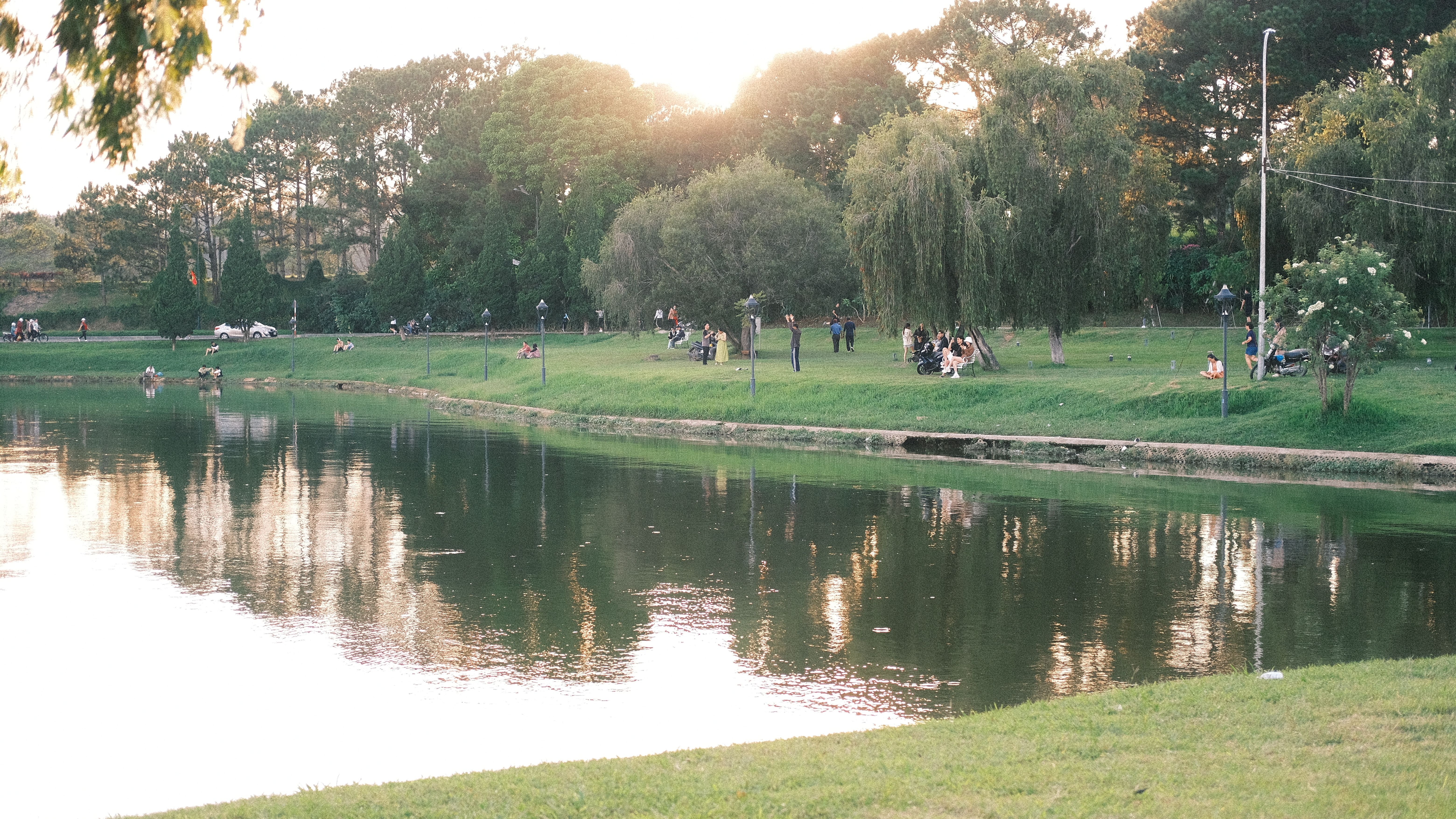 Tranquil summer park scene with people enjoying leisure by a lakeside reflecting trees.
