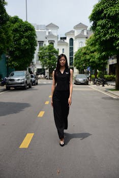 Elegant woman in black attire walking down a sunny city street surrounded by greenery.