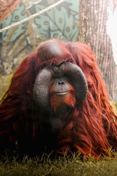 Close-up shot of an orangutan in an Indonesian jungle, showcasing its natural habitat and expression.