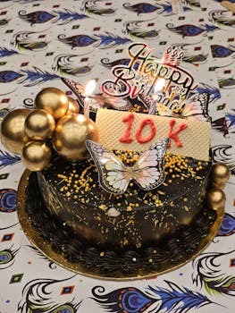 Luxurious black and gold cake with butterfly decoration for a 10K celebration.