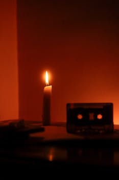 A warm, moody scene with a candle flame illuminating a vintage cassette against a red background.