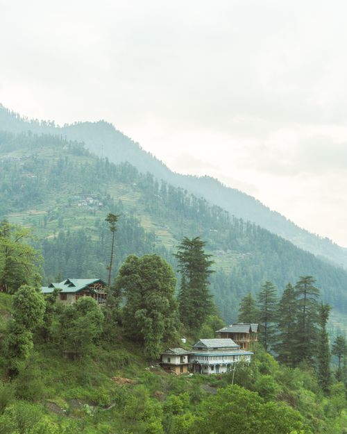 Free Picturesque hillside homes amidst lush greenery in Sharchi, Himachal Pradesh, India. Stock Photo