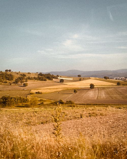 Free A panoramic view of a rural farmland landscape with rolling fields and distant hills under a clear blue sky. Stock Photo