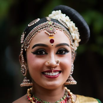 Portrait of a woman in traditional Indian dance attire and jewelry, showcasing vibrant cultural beauty.