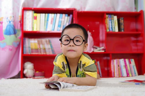 Gratis Anak Laki Laki Berdiri Dekat Rak Buku Foto Stok