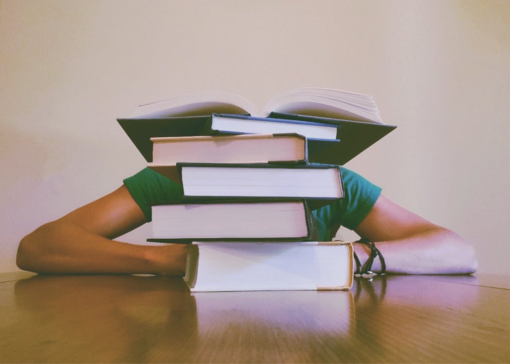 An image of a person behind a pile of books. 