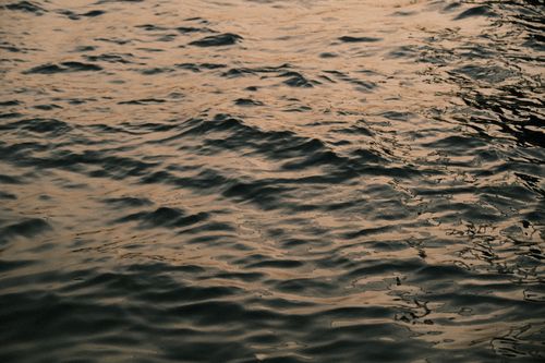 Free Tranquil ocean surface with sunset hues reflecting gently undulating waves. Stock Photo