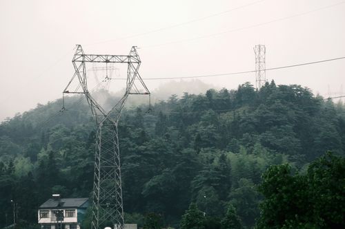Free A misty forest landscape with a towering transmission tower and distant architecture, blending nature and industry. Stock Photo