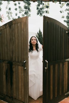 A bride in a stunning white wedding dress opens rustic wooden doors, exuding elegance and grace.