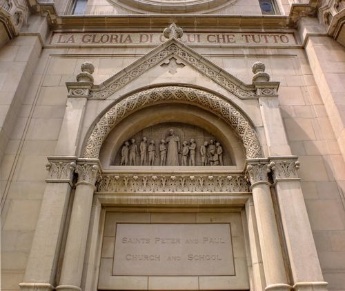 Free Close-up of the architectural details on the Saints Peter and Paul Church facade featuring intricate bas relief. Stock Photo