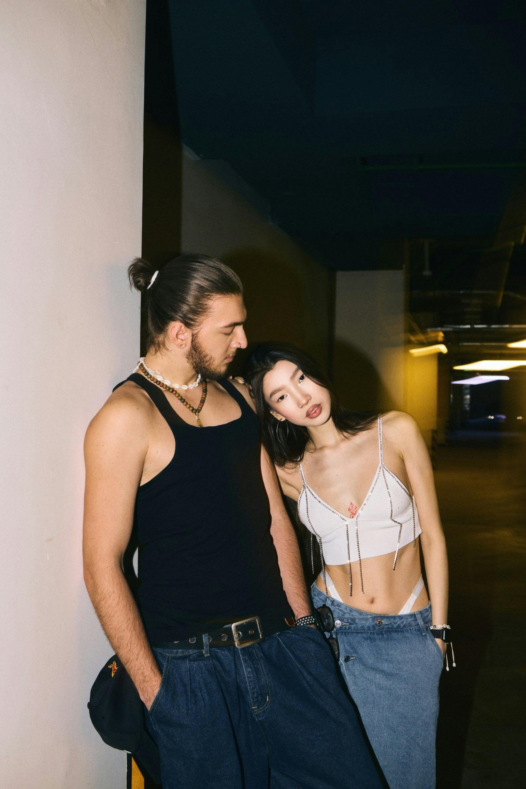 couple posing in a garage