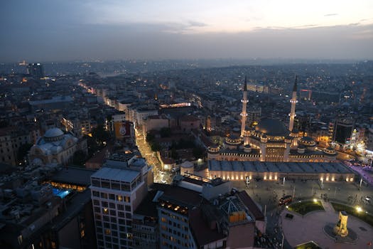Stunning aerial shot of Istanbul featuring Taksim Mosque illuminated at twilight.