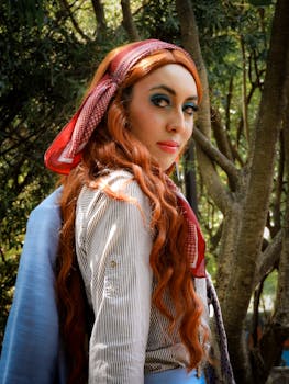 Portrait of a woman with red hair and colorful scarf outdoors in Mexico City.