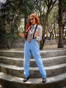 Red-haired woman posing with suspenders in a park, showcasing vintage style and fashion.