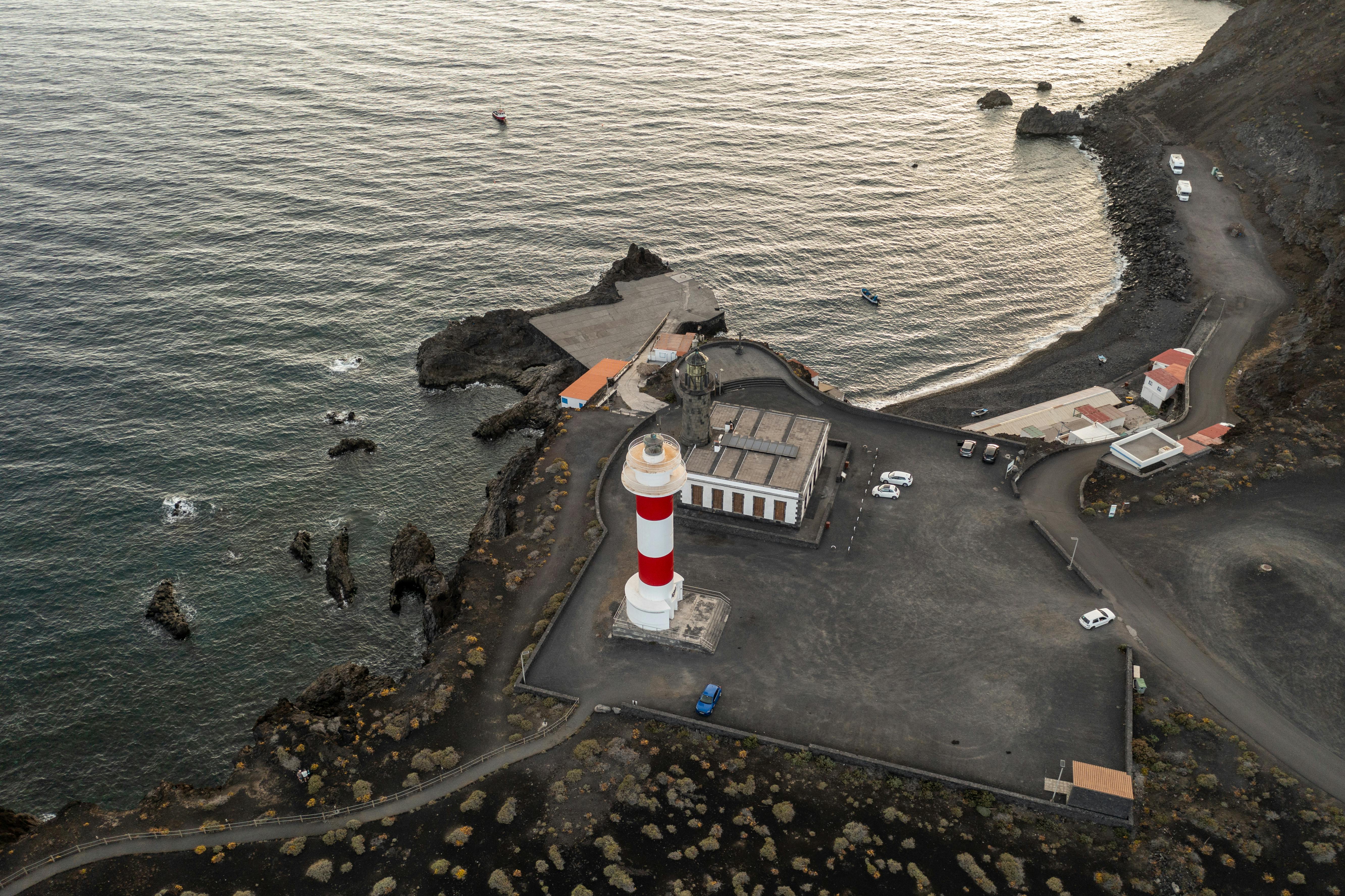 drone shot of the fuencaliente lighthouse on the island of la palma in the canary islands