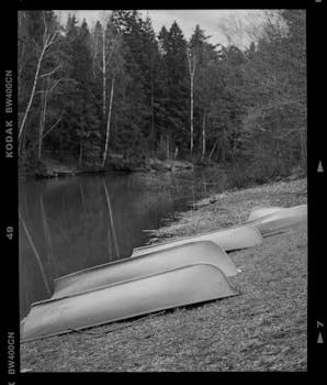 Black and white photograph of canoes on a riverbank with a forest backdrop.