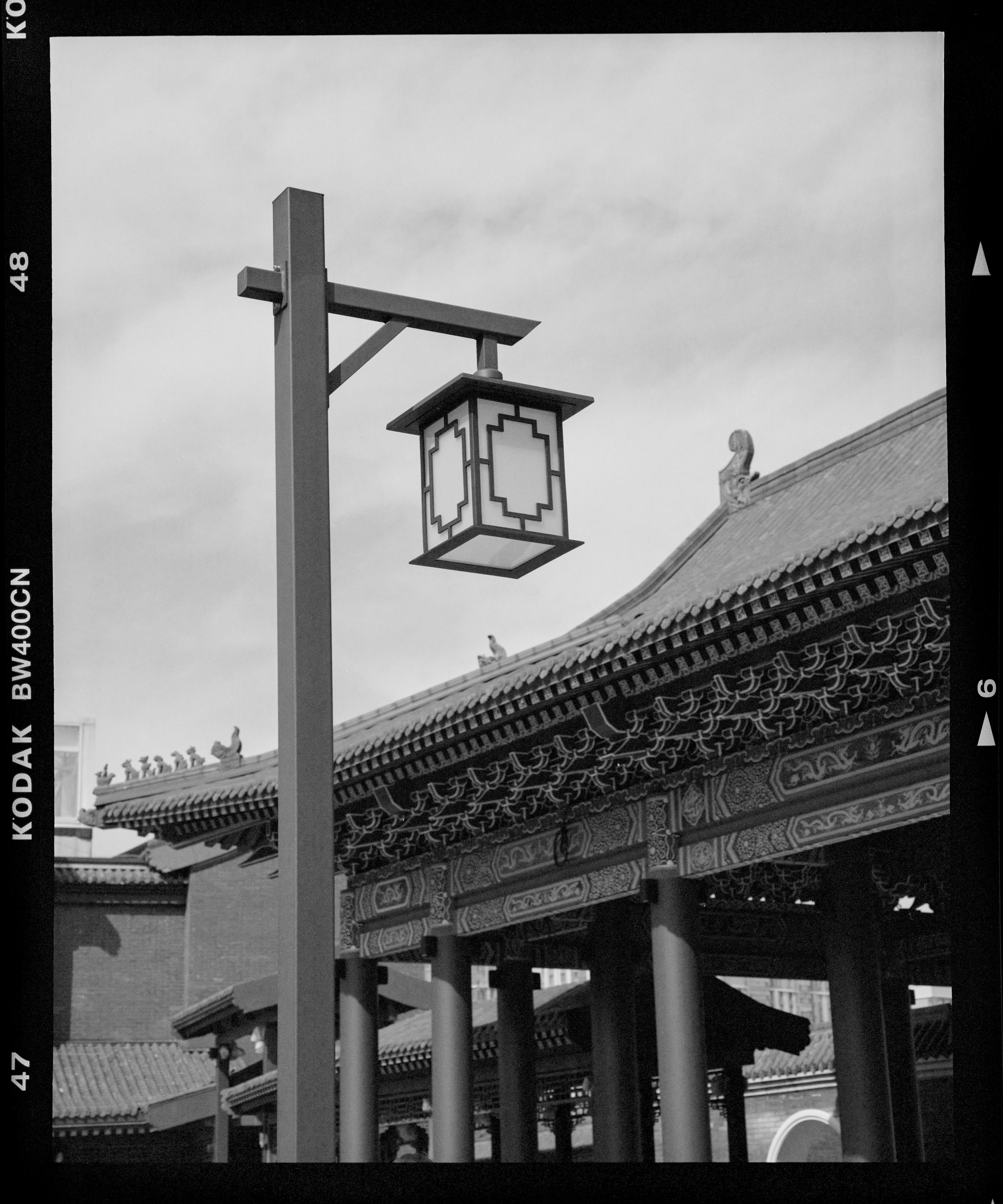 Monochrome image showcasing traditional Buddhist temple architecture with intricate roof and hanging lantern.