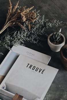 极简主义的平面布局将书籍和盆栽植物置于质朴的表面上，非常适合创意和编辑用途