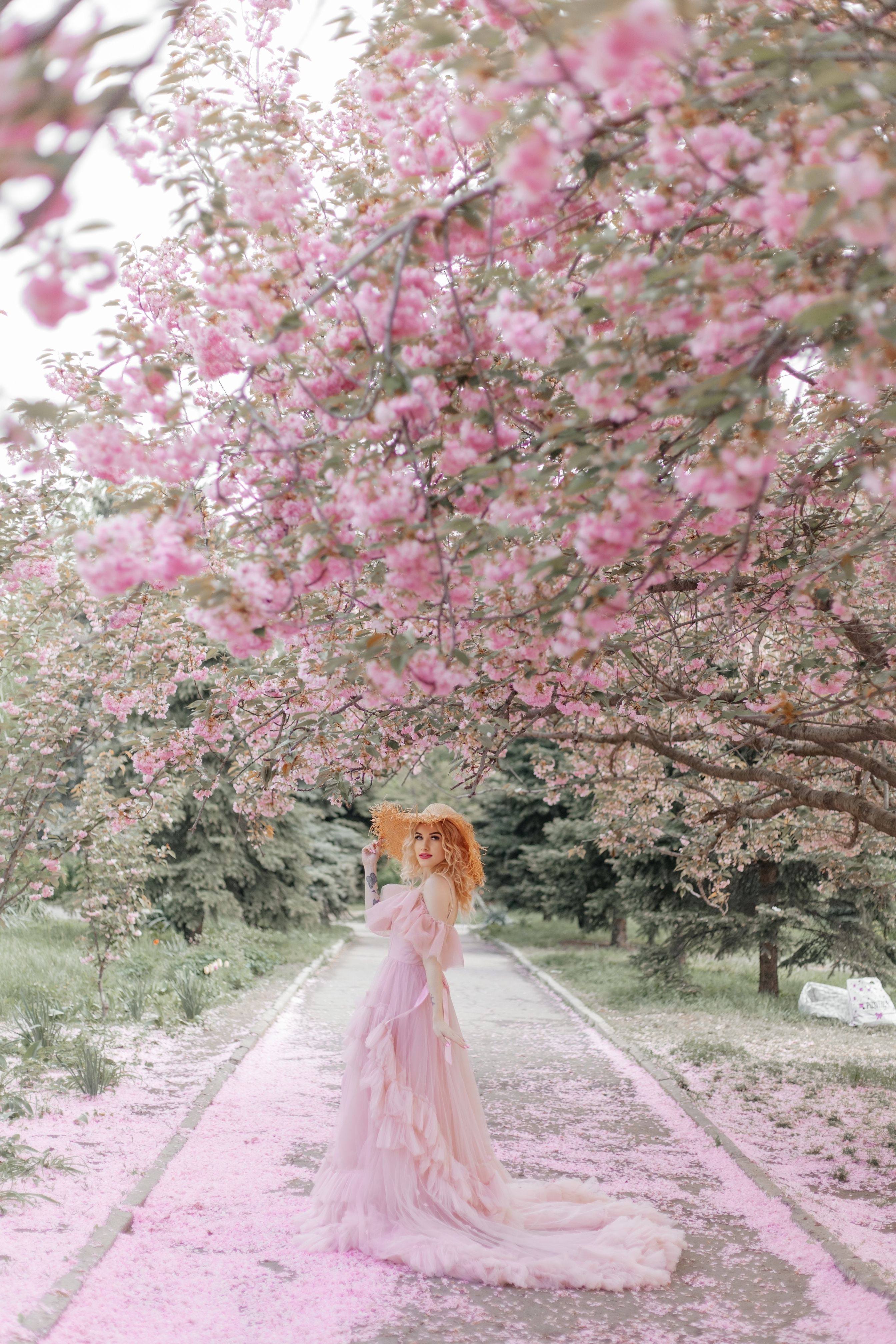 A woman in a flowing pink dress beneath cherry blossoms