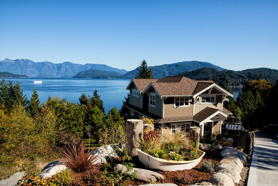 house, lake, mountains