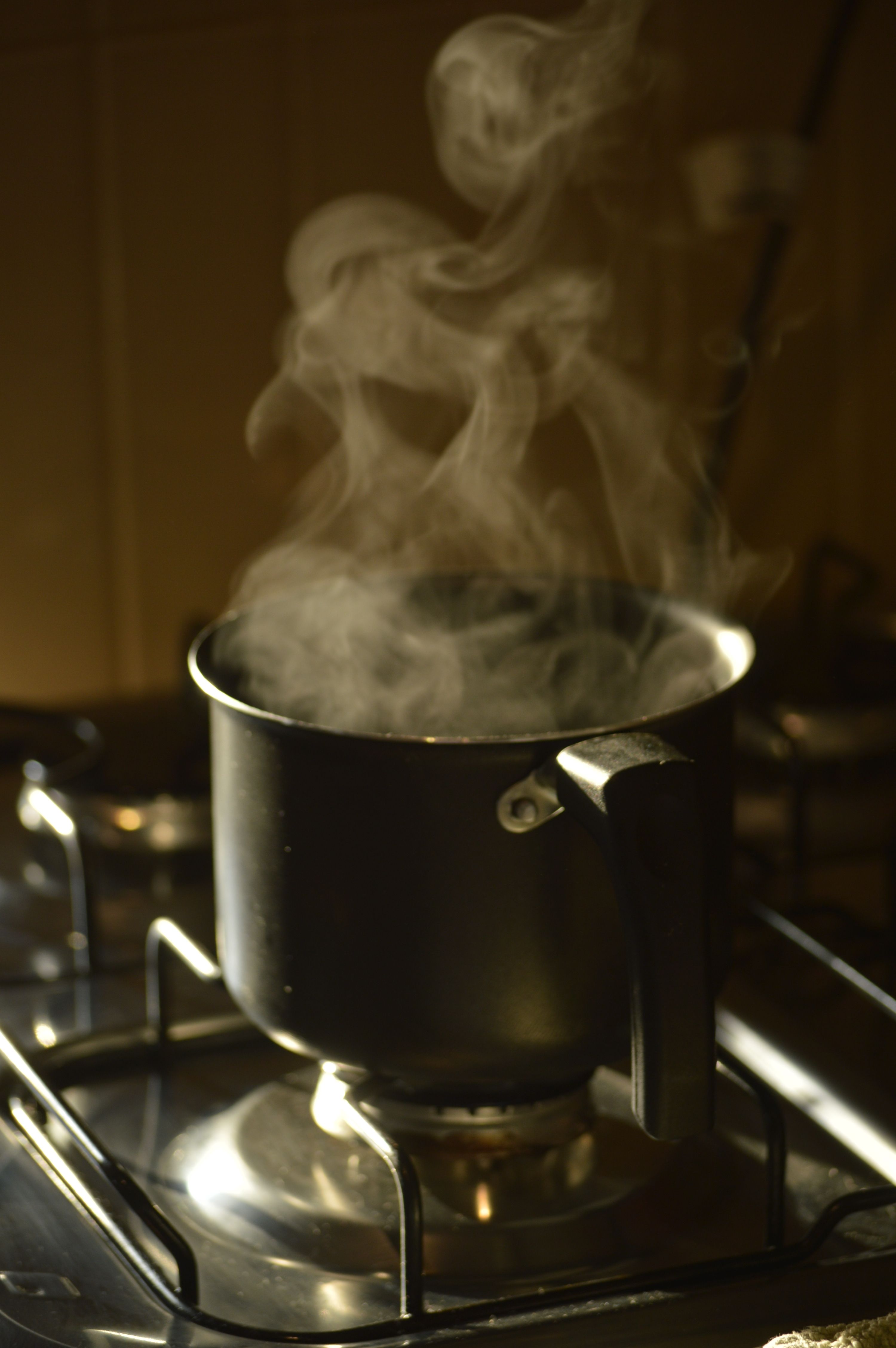 pot of pasta boiling on a kitchen stovetop