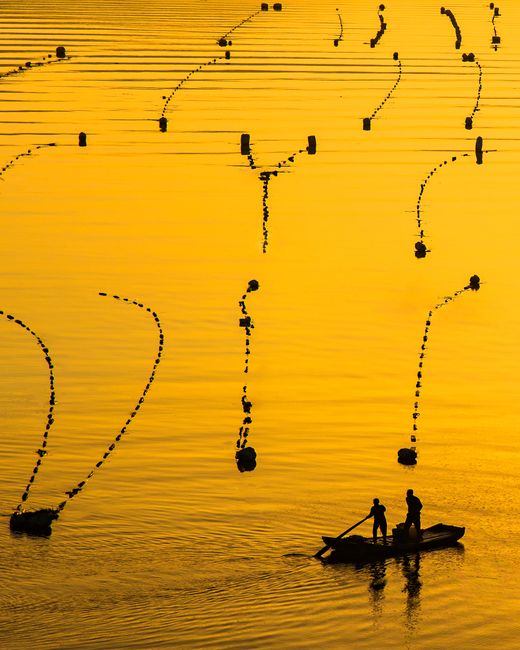 Silhouetted fishermen on a boat during a stunning golden sunset reflecting on a tranquil lake.