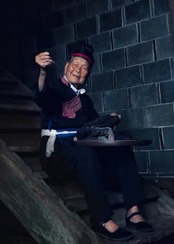 一位快乐的老妇人穿着传统服装，坐在木楼梯上的肖像，中国