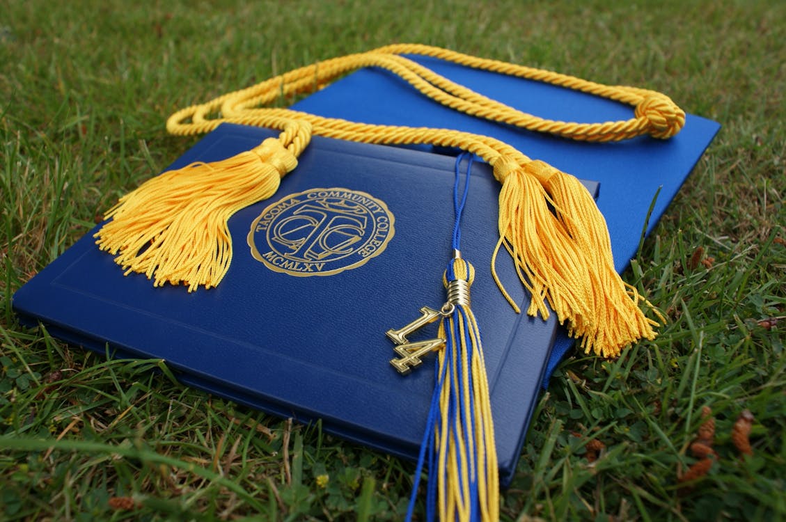 Diploma and Square Academic Hat on Grass Field