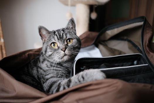 一只可爱的虎斑猫舒适地坐在室内的袋子里，非常适合寻找猫科动物形象的宠物爱好者