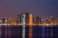 多哈充满活力的夜间天际线倒映在水面上，展示出发光的摩天大楼