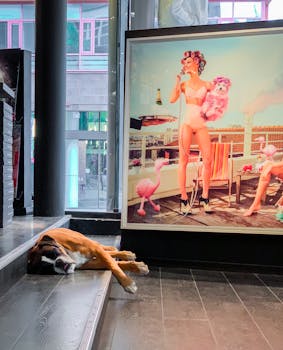一只放松的狗睡在充满现代感的室内画廊里，旁边是丰富多彩的艺术品