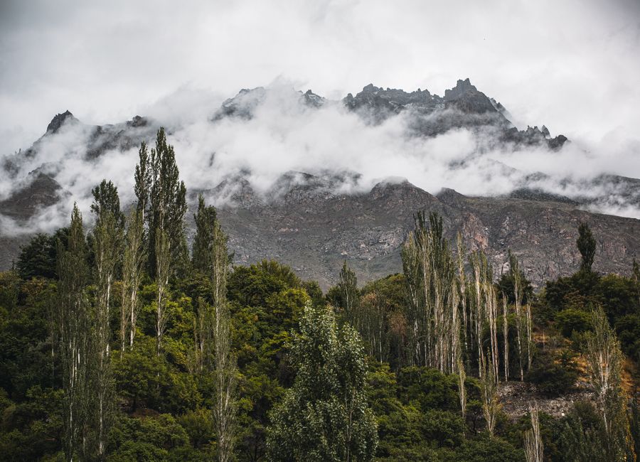 Misty mountains with lush greenery in Hunza Nagar create a dramatic and scenic view.
