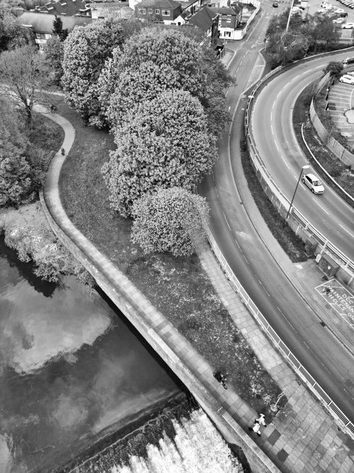 Free Captivating aerial shot of Derby's riverside with trees, roads, and walking path in black and white. Stock Photo