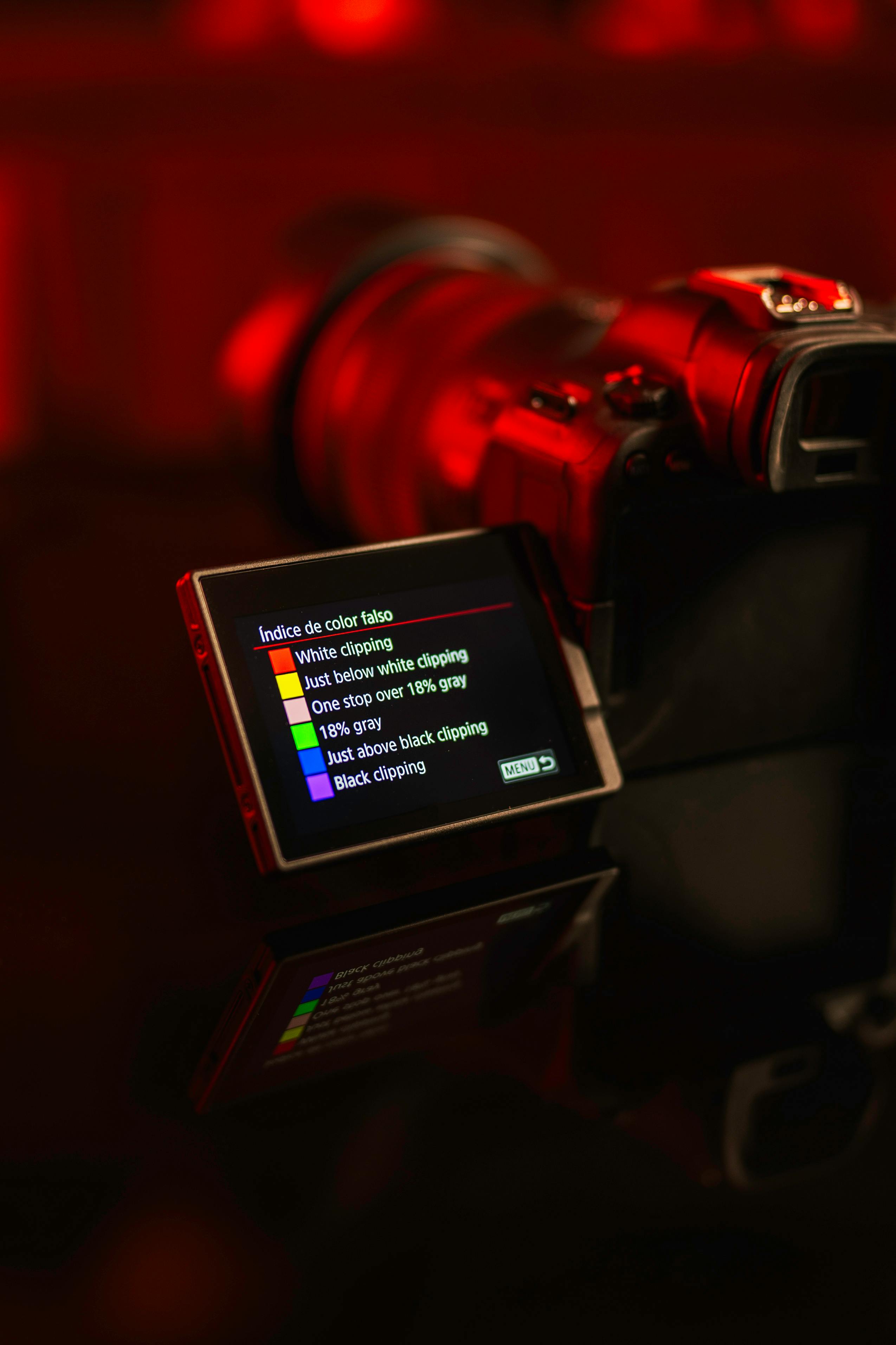 camera display showing color clipping settings in red light